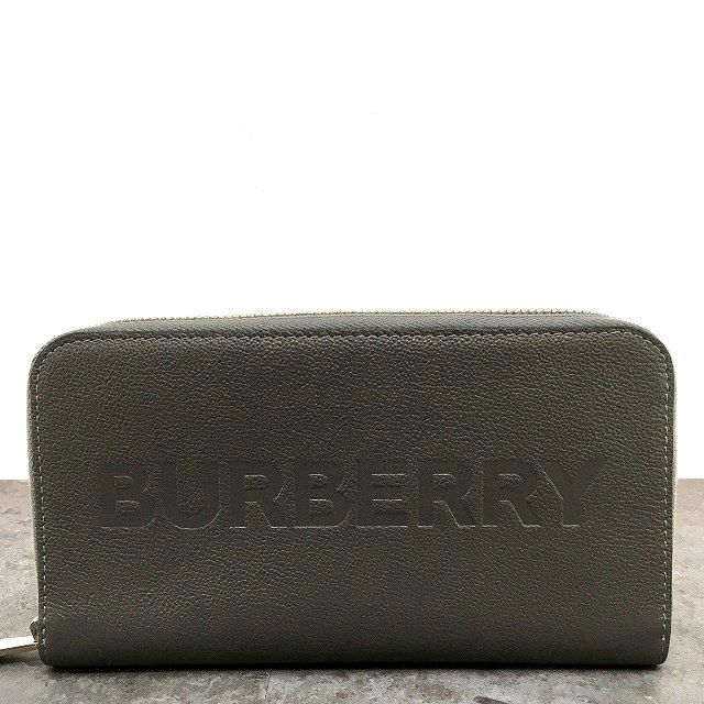 285 送料込み ♥品 BURBERRY ジップウォレット グレー 牛革 ロゴ 型押し