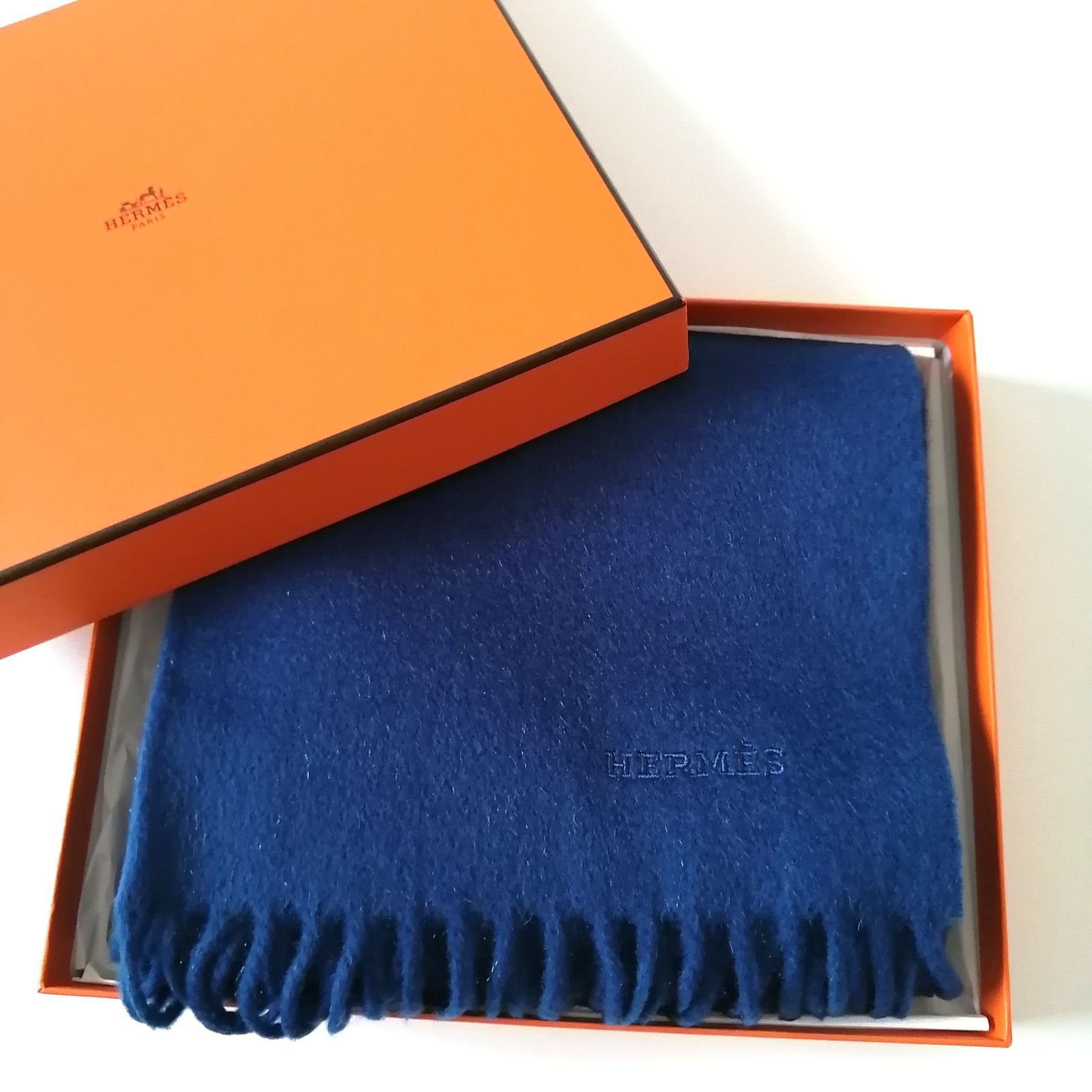 タグ付き エルメス HERMES マフラー カシミヤ ブルー 5