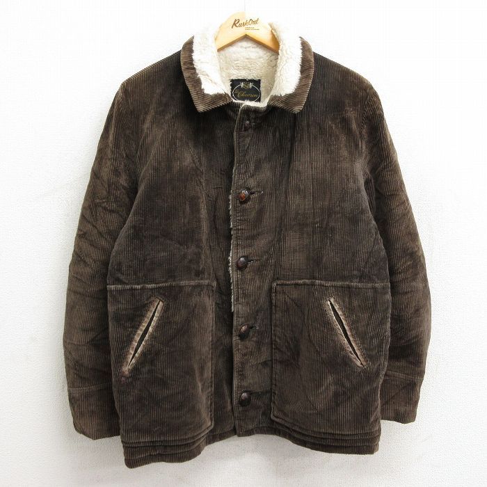 L/古着 長袖 コーデュロイ ジャケット メンズ 80s 太畝 レザー使用 濃茶 ブラウン 内側ボア 23oct18 中古 アウター
