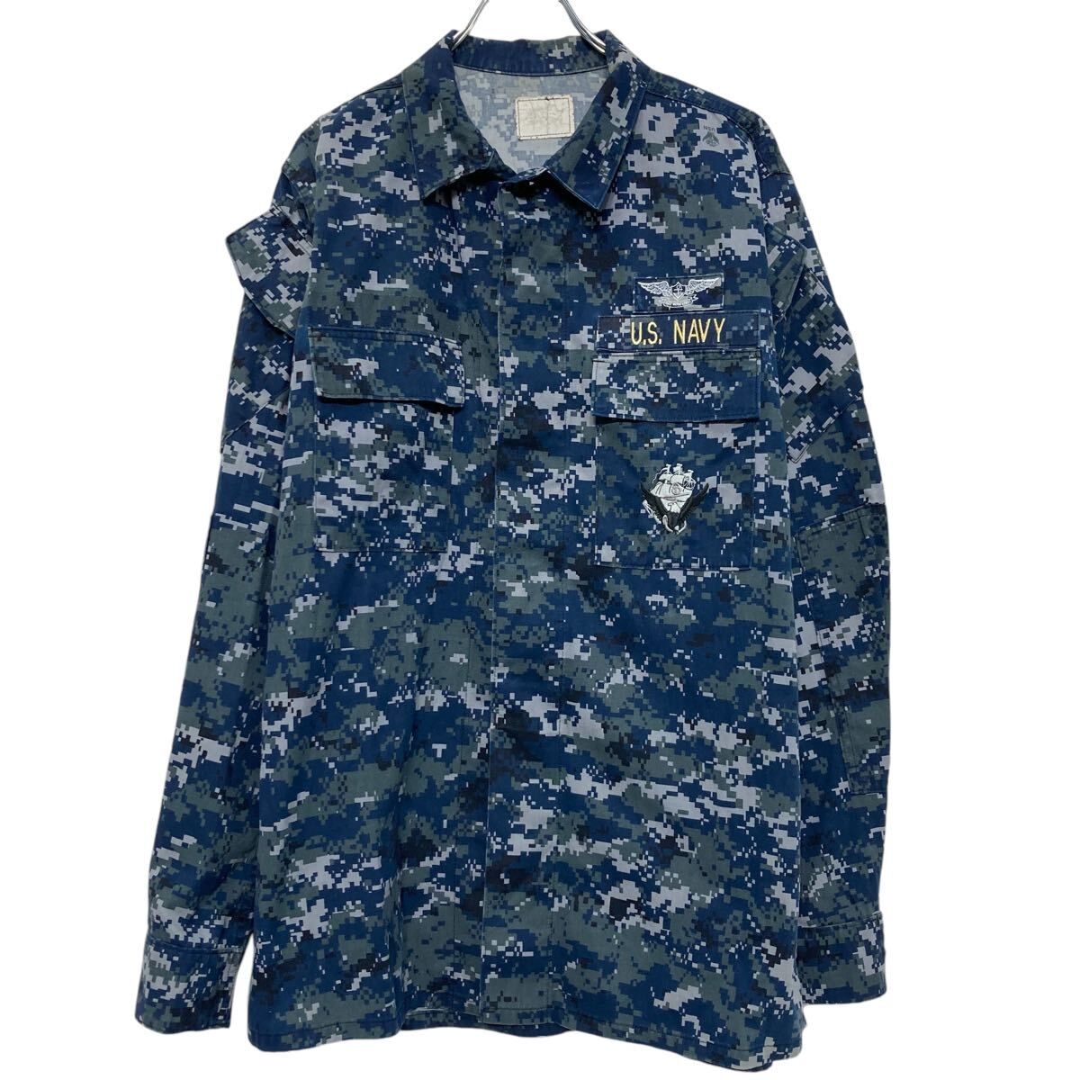 U.S Navy ミリタリージャケット L~ ブルー カモフラージュ デジタルカモ ボタン ユーエスネイビー 古着卸 アメリカ仕入 a611-5307