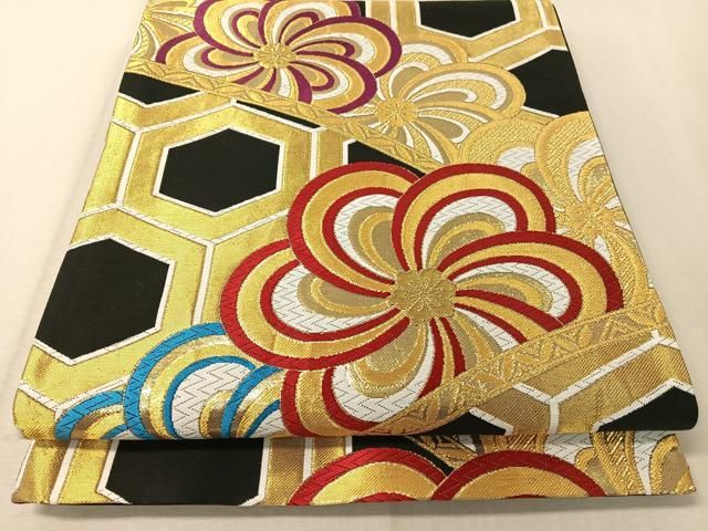 平和屋着物▽六通柄袋帯 唐織 ねじ花亀甲文 黒地 金糸 CAAX6896vp