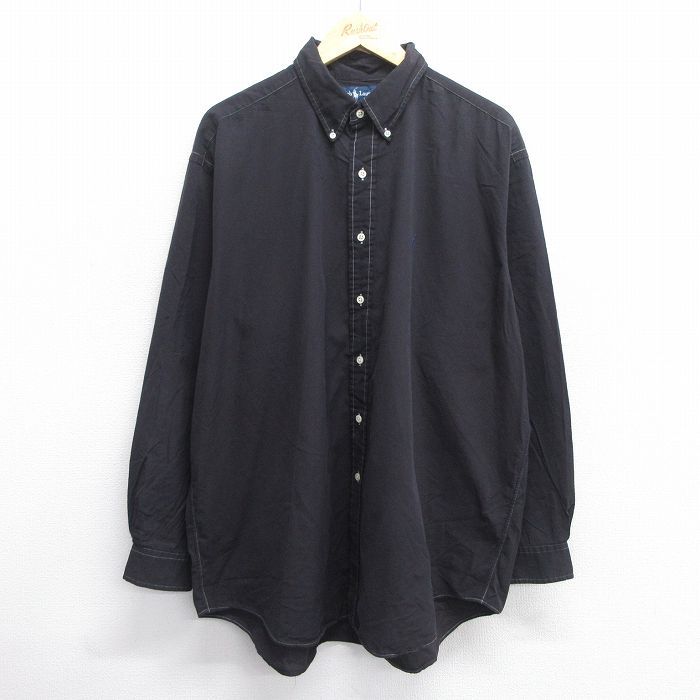 XL|古着 長袖 ブランド シャツ メンズ 90s ワンポイントロゴ BLAKE 大きいサイズ コットン ボタンダウン 黒 ブラック 25may14 トップ
