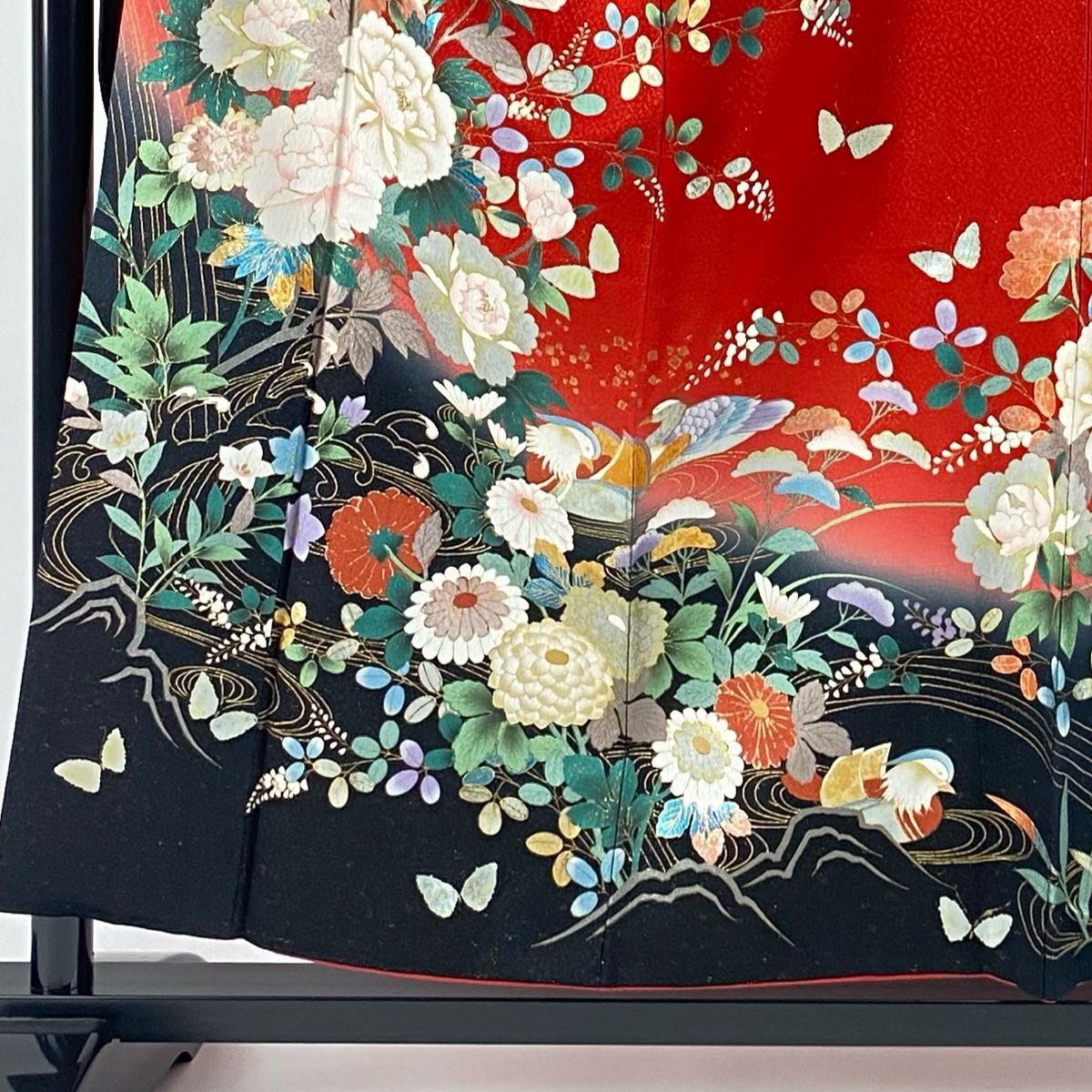 振袖 身丈156cm 裄丈64cm M 袷 牡丹 鴛鴦 金通し 金彩 赤 正絹