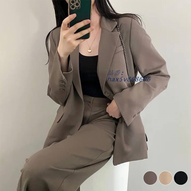 スーツ レディース 韓国 パンツ カジュアル シングル 春 セミロング ジャケット ワイドパンツ セットアップ おしゃれ テーラード ハイウエスト hax5v868606
