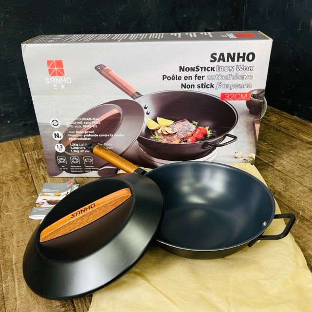 展示品 SANHO サンホ 鉄製 深型 フライパン 32cm 蓋つき 収納袋付き