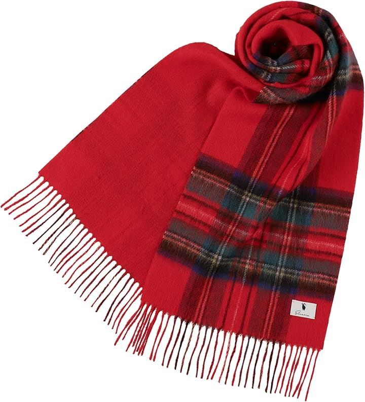 Elensia エレンシア カシミヤブレンド リバーシブル マフラー レディース メンズ UVカット98%以上 チェック 30x186cm 160g 全13色(レッド)