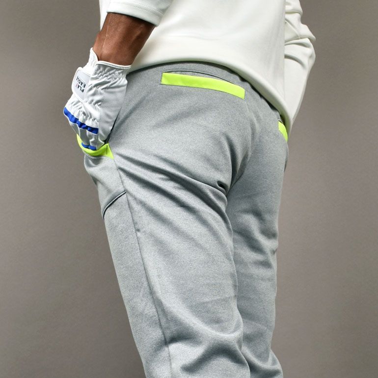 口コミ COMONGOLF コモンゴルフ ポケットラインテーパードゴルフパンツ 杢グレー×イエロー CG-22006 ゴルフウェア ロングパンツ ズボン スラックス ポンチ スウェット ストレッチ ウエストゴム アンクル丈 春秋 大きいサイズまで展開