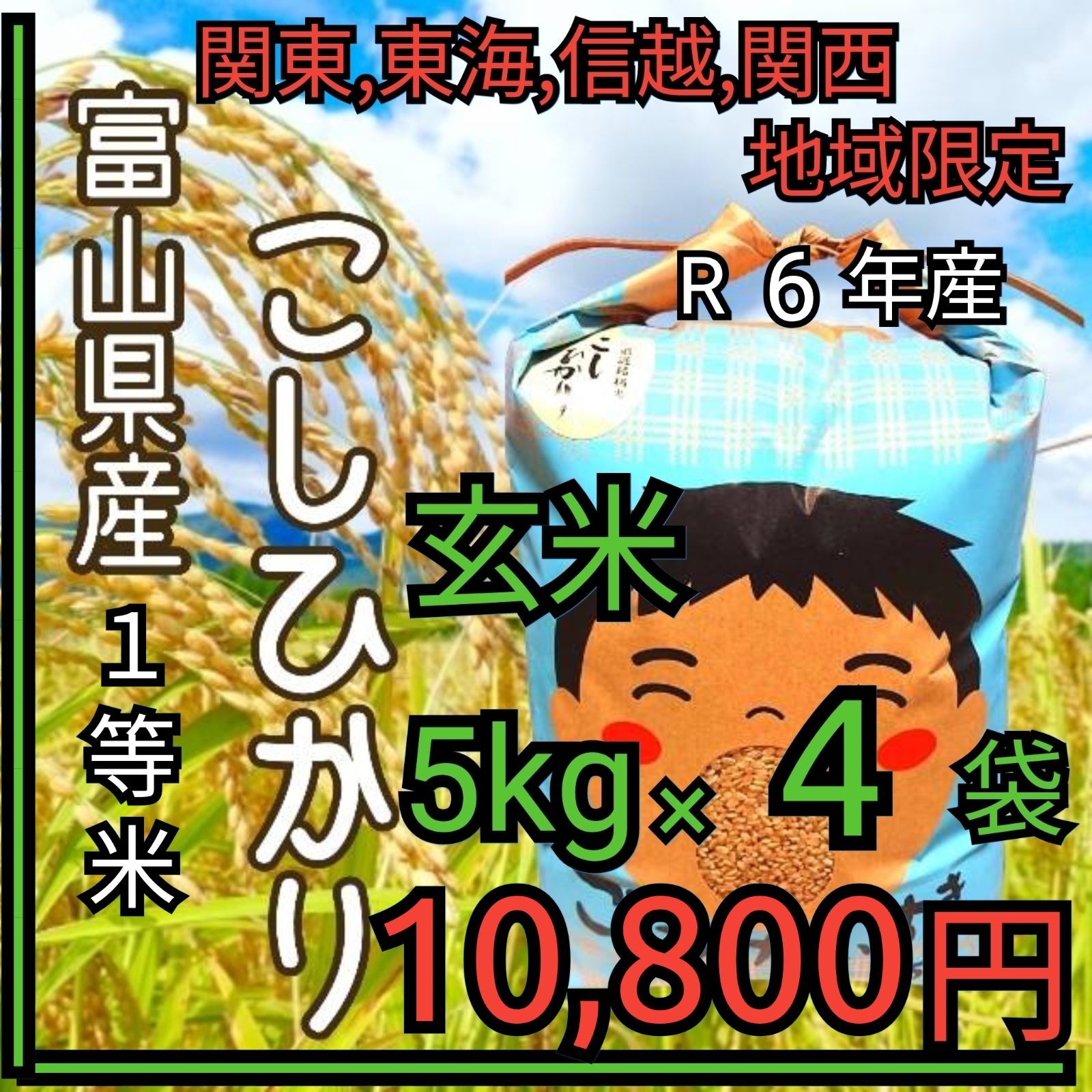 R6年富山県産コシヒカリ玄米5kg×4袋✳️関東､東海､信越､関西地域限定 