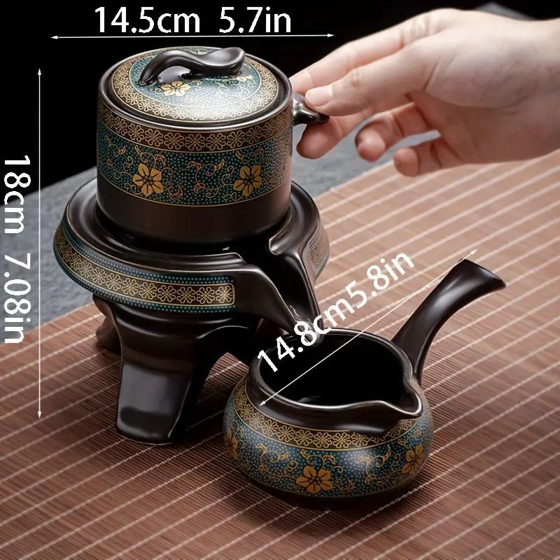 自動回転式茶こし付き豪華伝統中国陶磁器カンフーティーセット - 石臼  