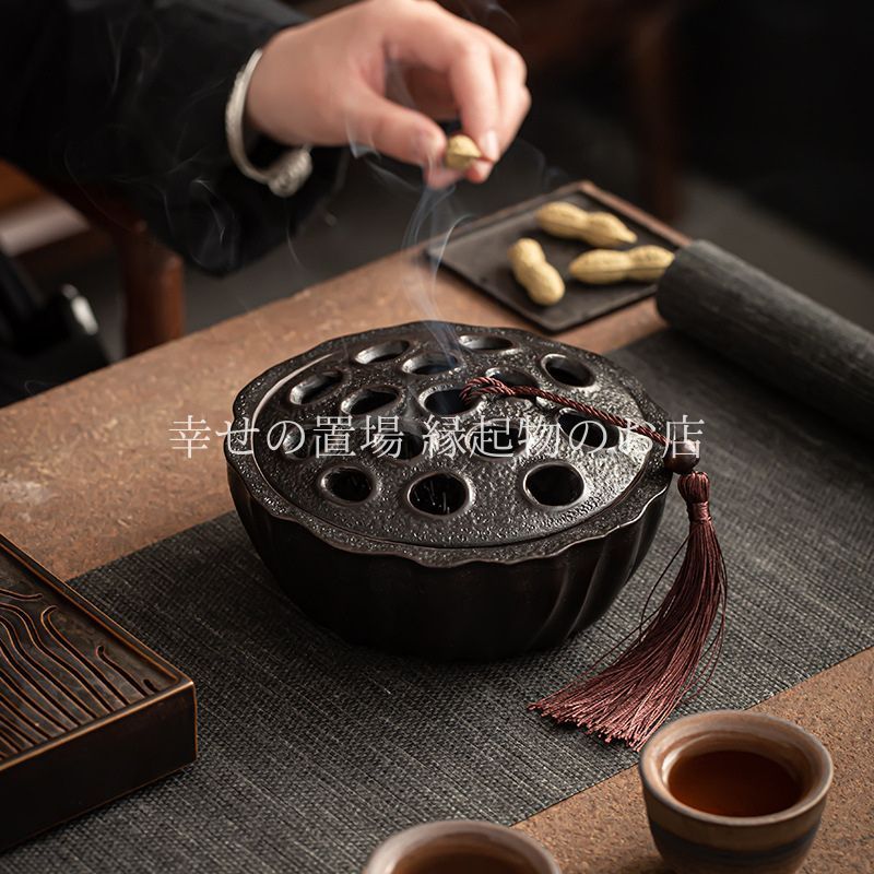 香炉 お香立て 蓋付き 開運 蓮 陶器 黒陶 縁起物 風水 瞑想 癒し 浄化