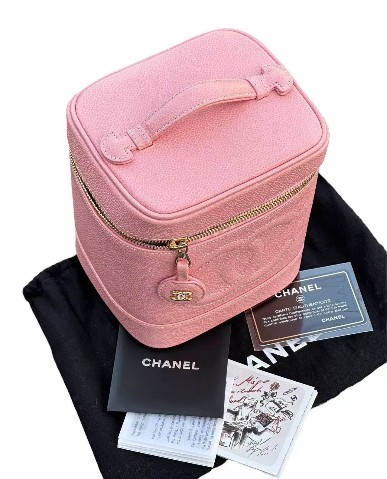 ◆本物シャネルCHANELヴィンテージVintageココマークCCゴールドG金具バニティコスメハンドバッグポーチキャビアスキン化粧箱ピンク金