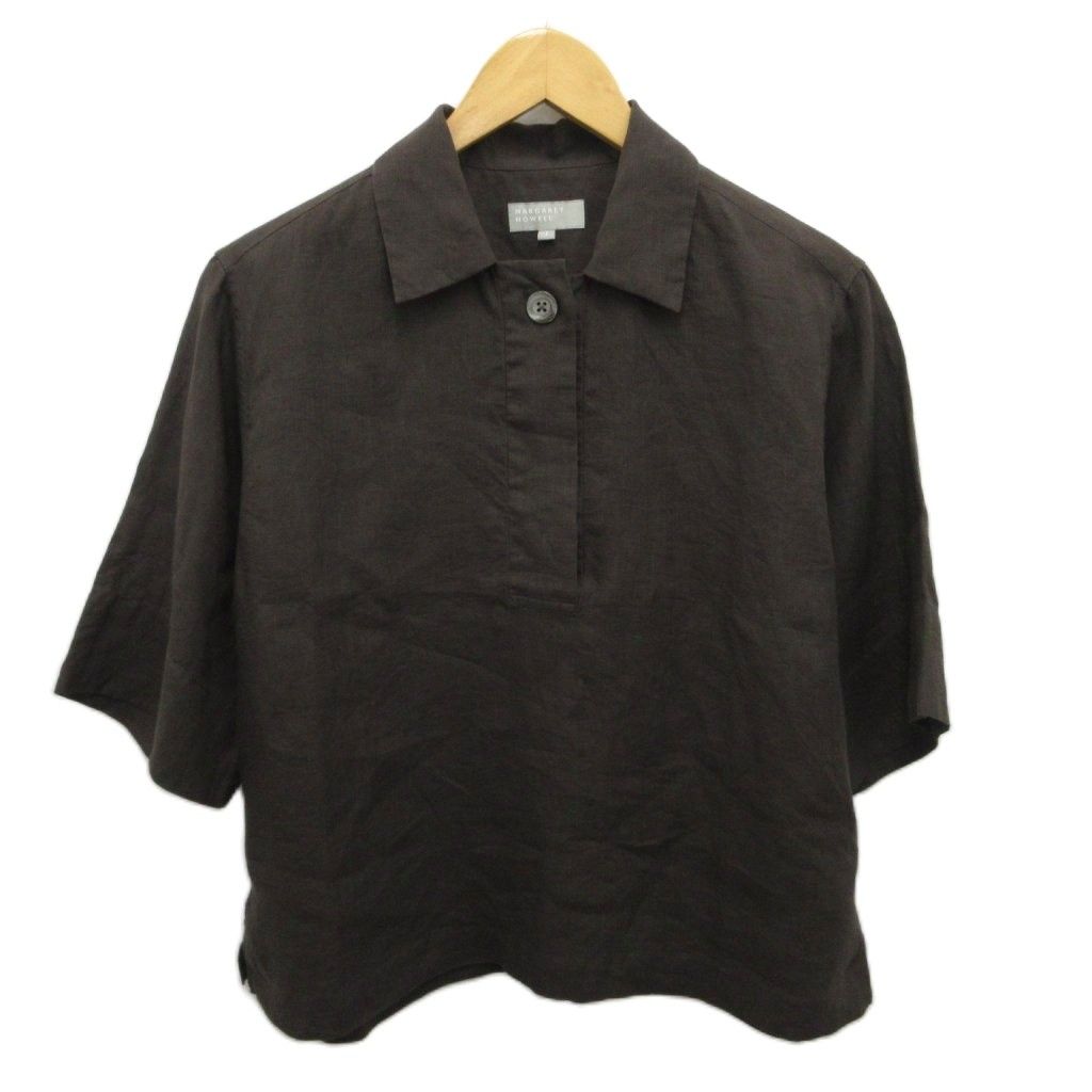 マーガレットハウエル MARGARET HOWELL LINEN VOILE シャツ 半袖 麻 リネン 1 S こげ茶 578-3152003
