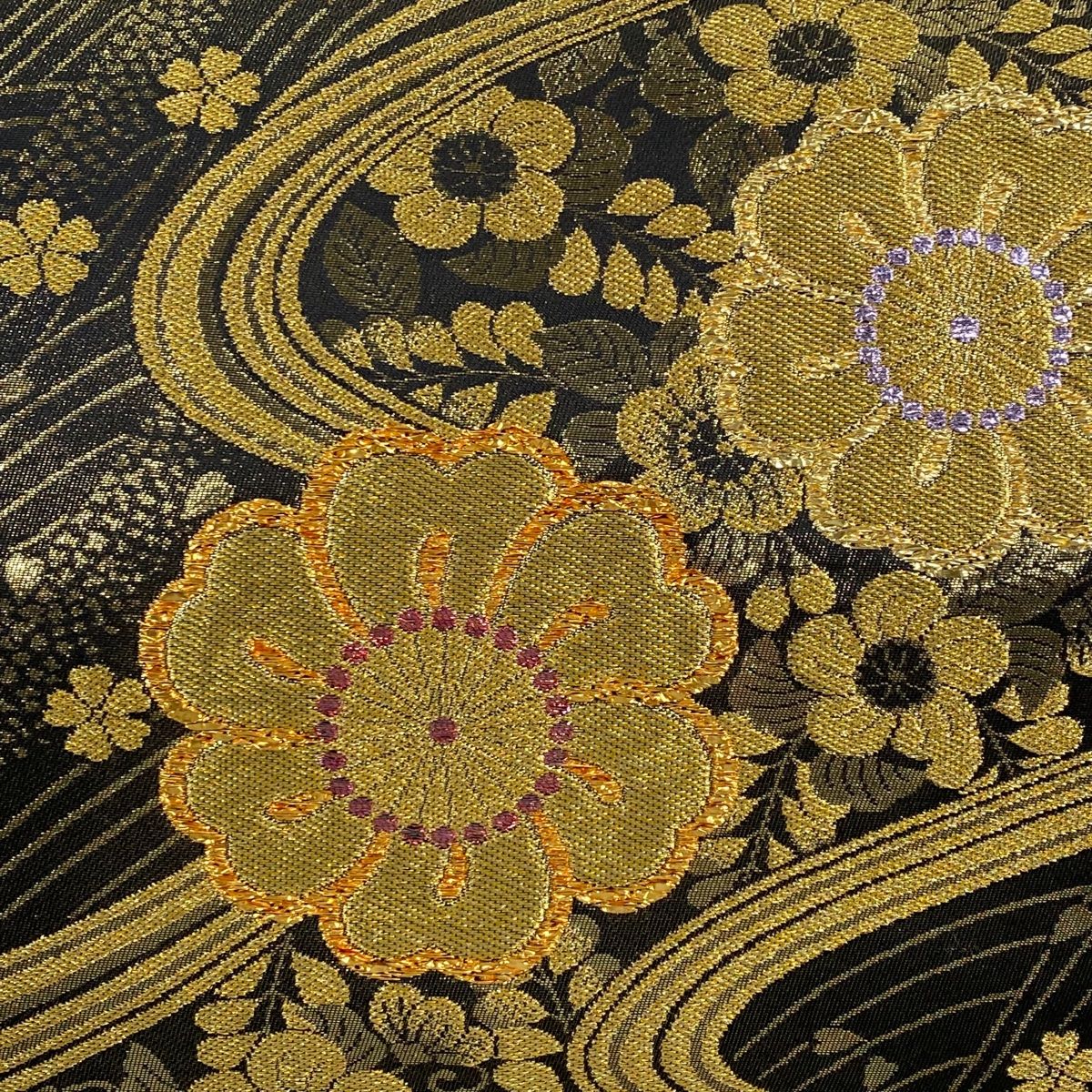 袋帯 美品 秀品 草花 流水 金糸 箔 墨色 六通 正絹 【中古