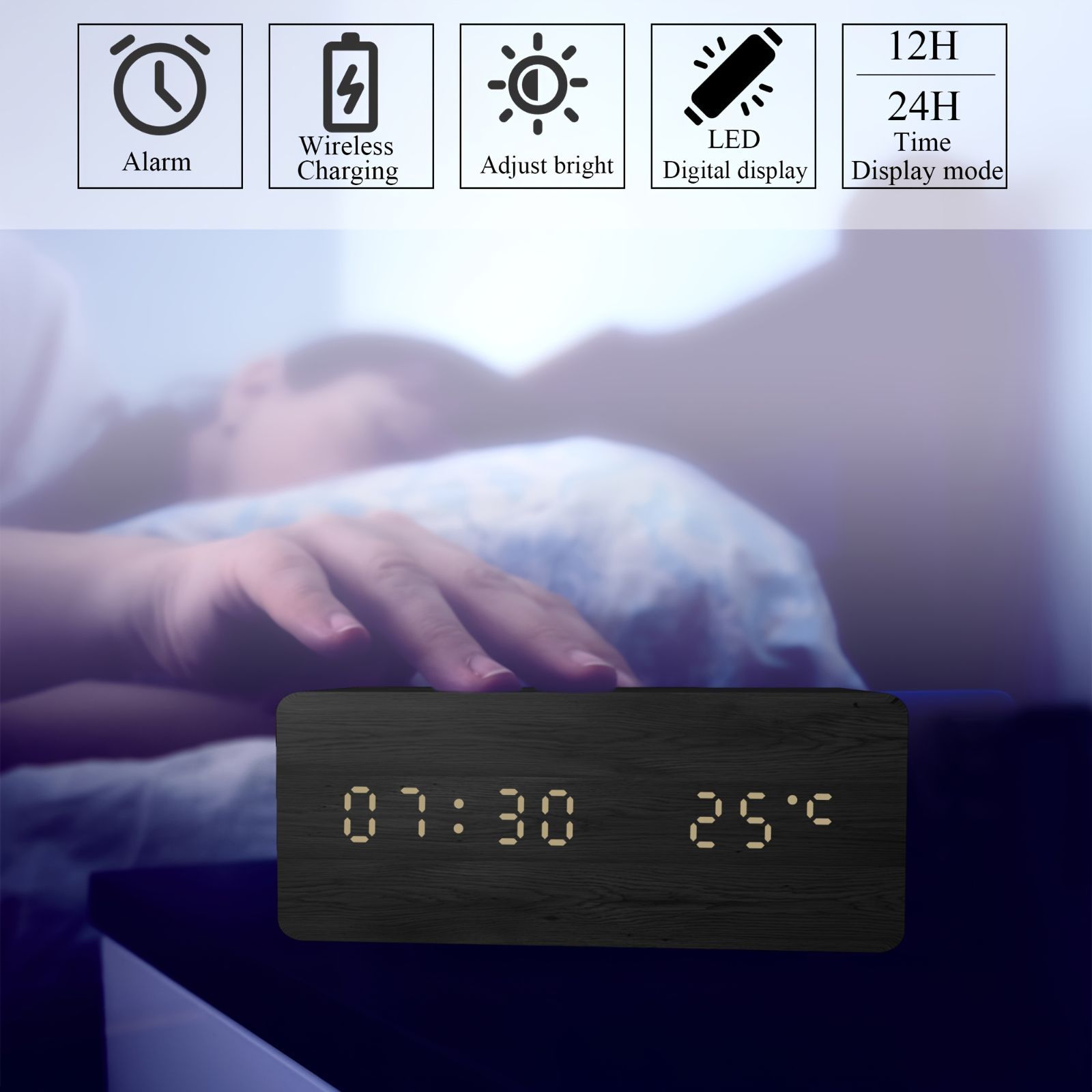 目覚まし時計 ワイヤレス充電 デジタル時計 置き型時計 16cm スマホ充電 木製 LED ブラック 調光可能 12/24表示 アラーム t452