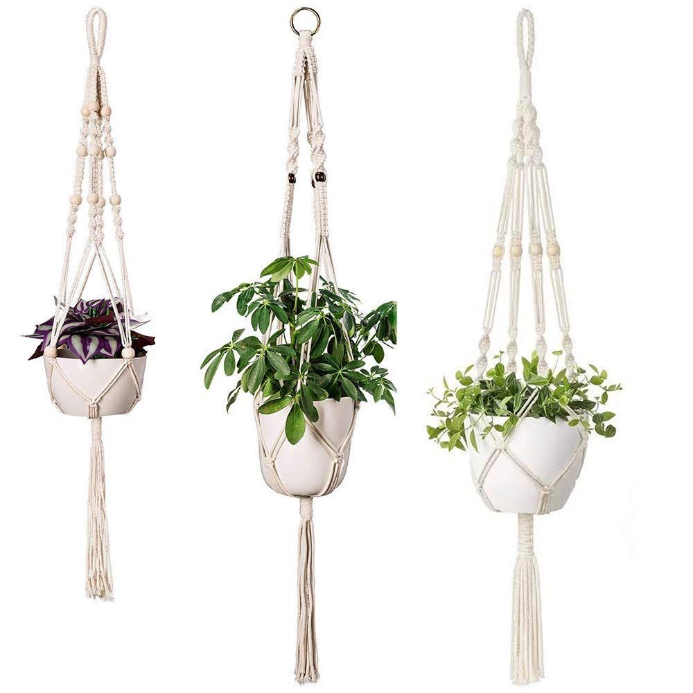 【特価セール】観葉植物 ハンガー 吊り鉢 プラントハンガー マクラメ 植木鉢 屋外屋内植物ハンガー 麻縄 手作 木ビーズ 3種セット 装飾 Gadgetman