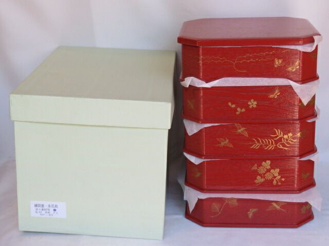 四月◆特売品 淡々斎好写 花鳥蒔絵 朱掻合塗縁高重 〔税込 〕