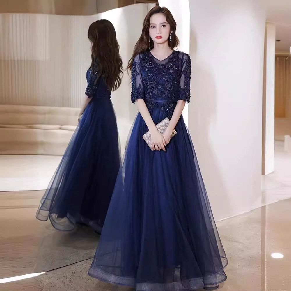 ドレス ファスナー パーティードレス フォーマルドレス ロングドレス ネイビー 半袖 紺色 結婚式 二次会 発表会 Vネック コンサート