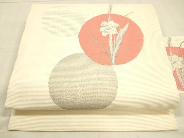 着物ふぁんた▲夏帯　銀糸　貝殻尽くし　乳白色　美品　逸品　お太鼓柄袋帯 t2436 リサイクル着物名古屋帯 正絹 乳白色色（にゅうはくしょくいろ