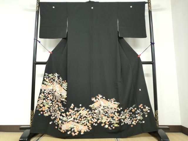 平和屋着物●豪華黒留袖 駒刺繍 吉祥飛鶴草花文 金彩 無落款 正絹 DAAW5676ud