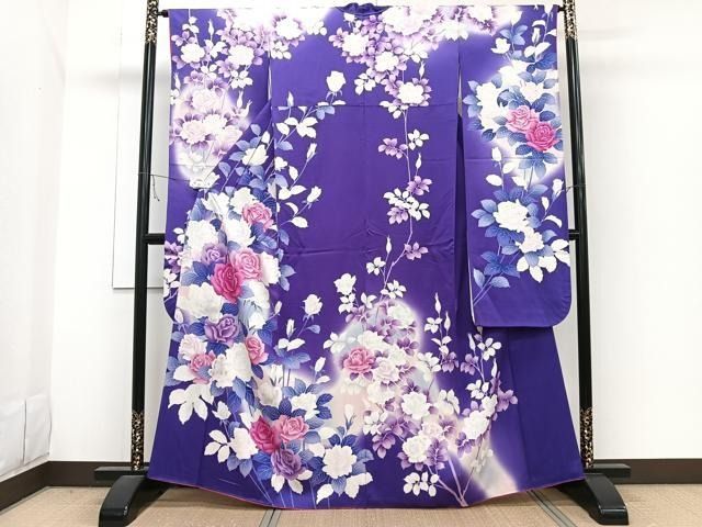 写真家・秋山庄太郎 振袖 駒刺繍 扇面草花文 暈し染め 金彩