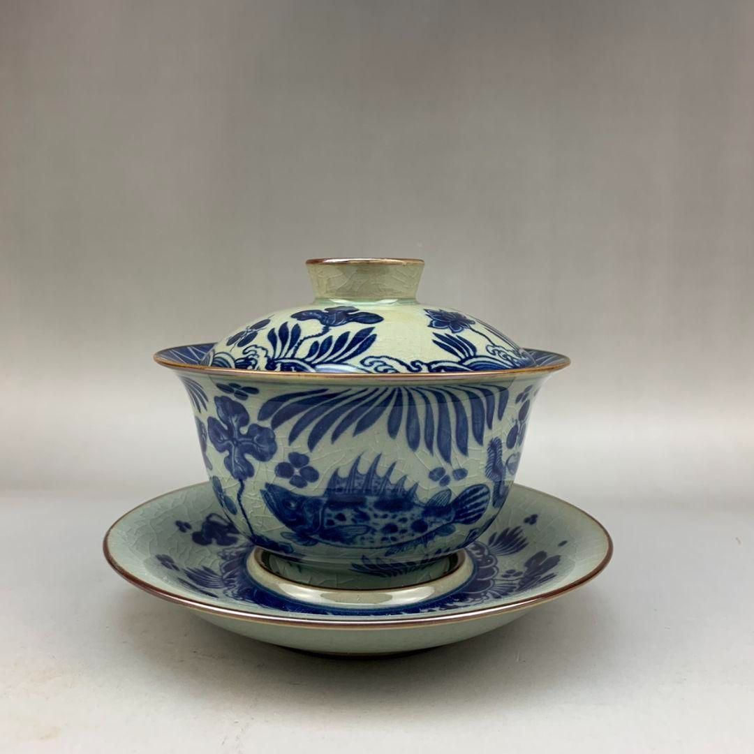中国茶器 景徳鎮 陶磁器 鯖藻紋開片三才蓋碗 茶道具 工芸品 置物 中国茶器 景徳鎮 陶磁器 鯖藻紋開片三才蓋碗 茶道具 工芸品 置物