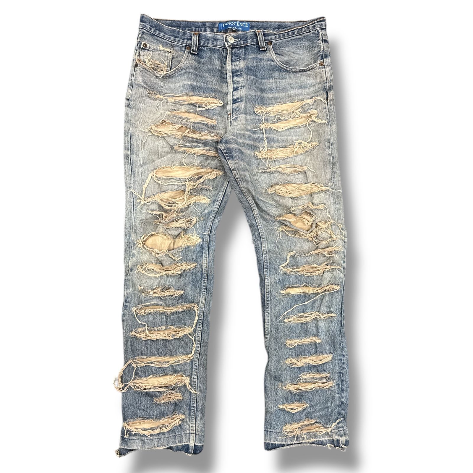 新品　INNOCENCE NYC デストロイ　レザー　デニムパンツ　ダメージ 未使用 INNOCENCE NYC イノセンス ニューヨーク デストロイ