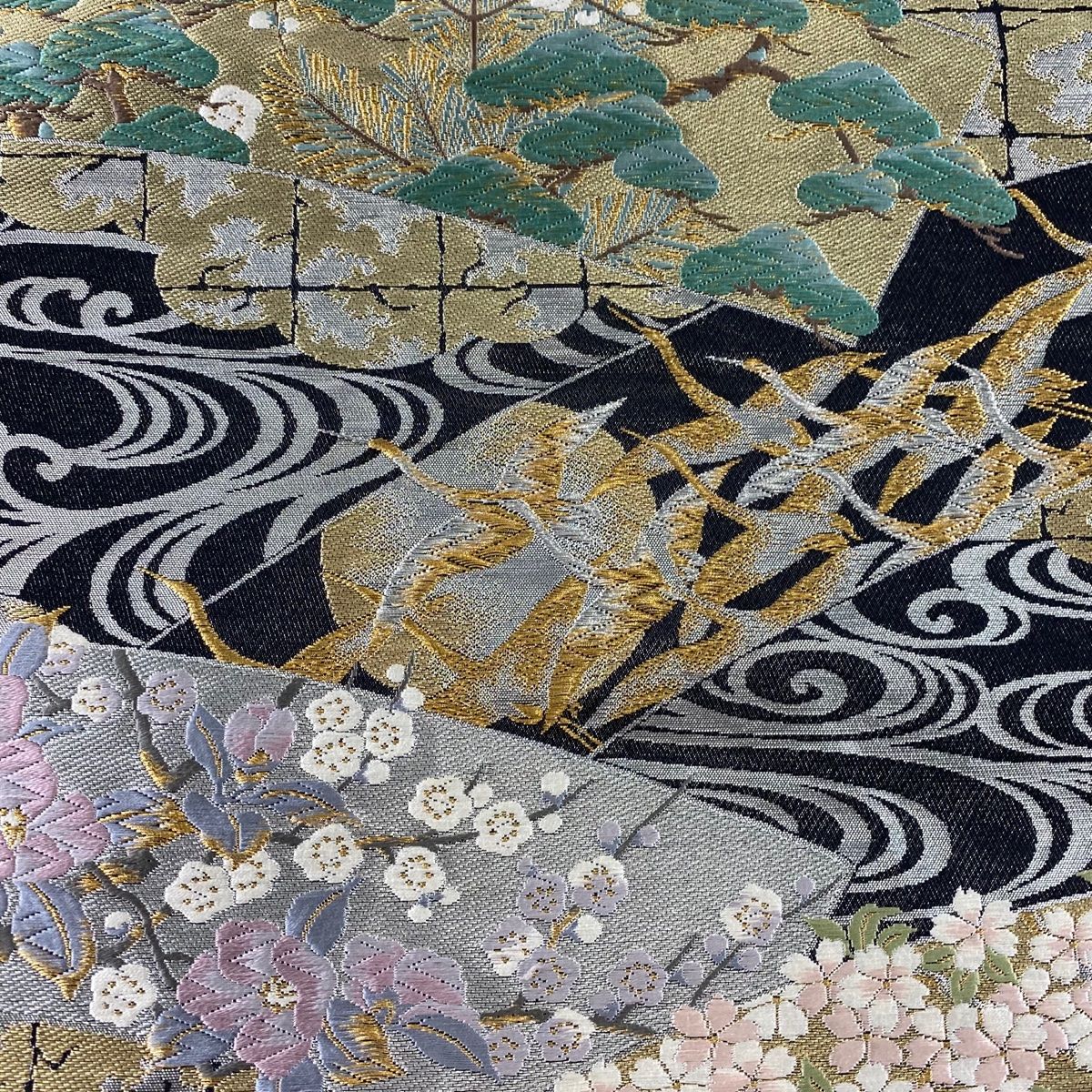 袋帯 美品 逸品 じゅらく 落款 草花 鶴 金銀糸 箔 黒 六通 正絹