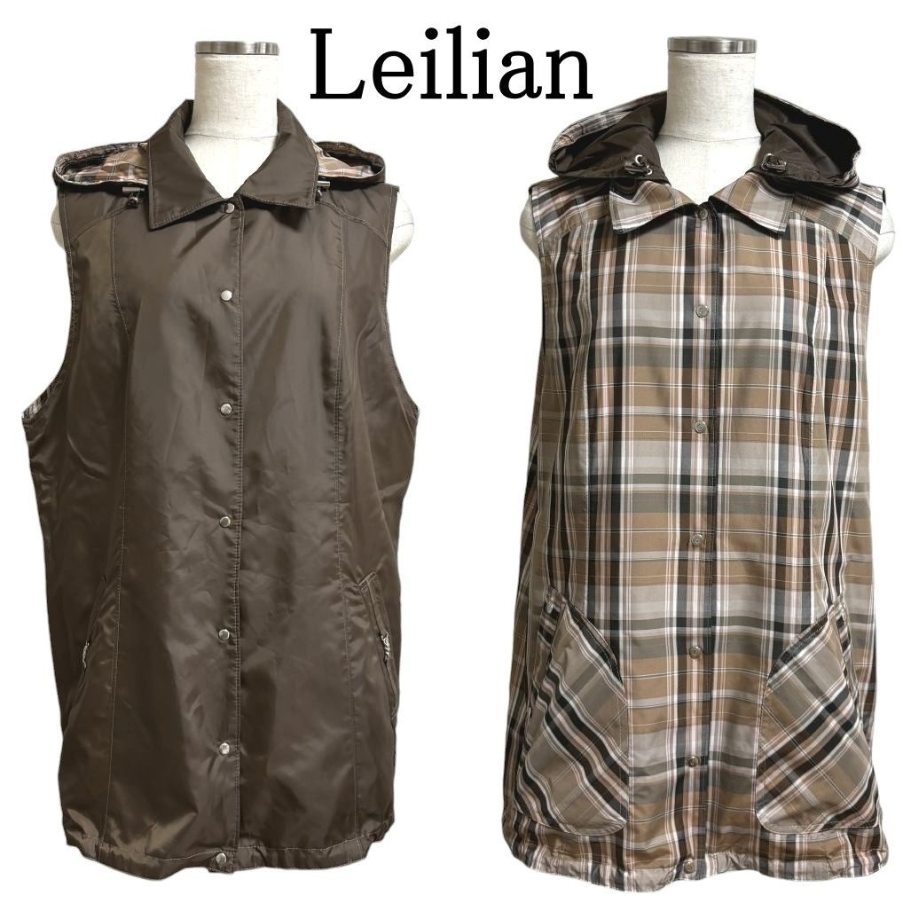 Leilian レリアン レディース リバーシブルナイロンベスト 春 秋 袖なしジャケット 襟付きジャケット ノースリーブジャケット ナイロンベスト 撥水 花粉対策 リバーシブル フード付き 13号 LL ブラウン チェック