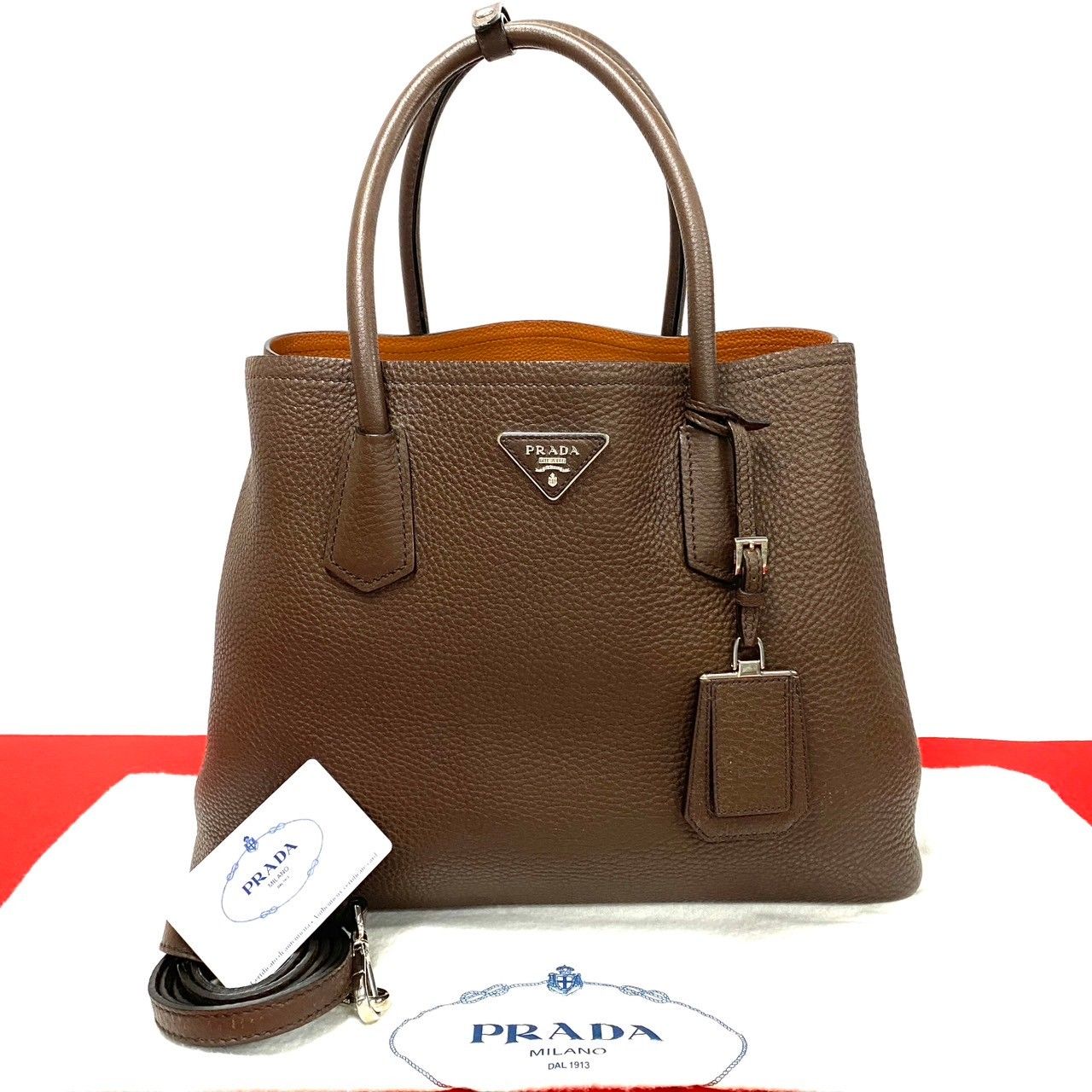 ほぼ未使用 袋付 PRADA プラダ ドゥーブレ ロゴ 金具 レザー 本革 2way ハンドバッグ トートバッグ ショルダーバッグ ブラウン 茶  28337 - メルカリ