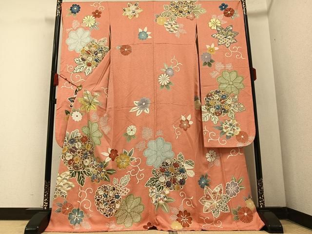 平和屋着物●豪華振袖 駒刺繍 絞り 花唐草文 金彩 ロング丈 正絹 AABB2979ph