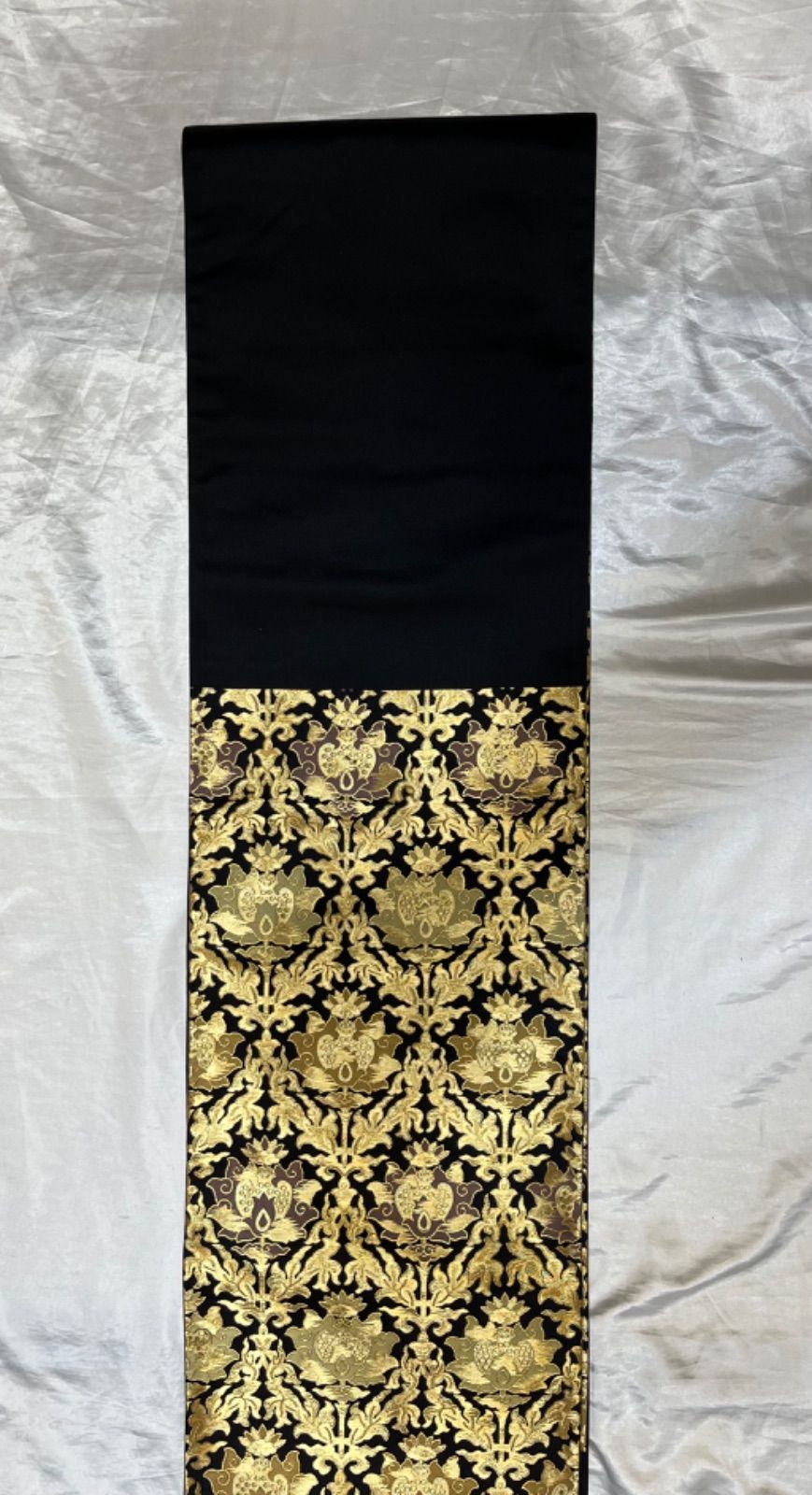超豪華絢爛綺麗逸品黒地金名錦ペルシャ洋花文正絹六通★河合美術織物★新品仕立て付き