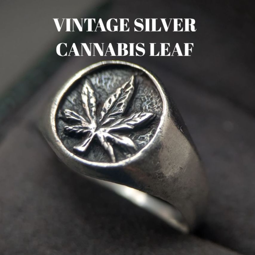 スターリングシルバー925 刻印 カンナビス マリファナリーフ シグネットリング ヴィンテージ 20号 メンズ レディース 英国