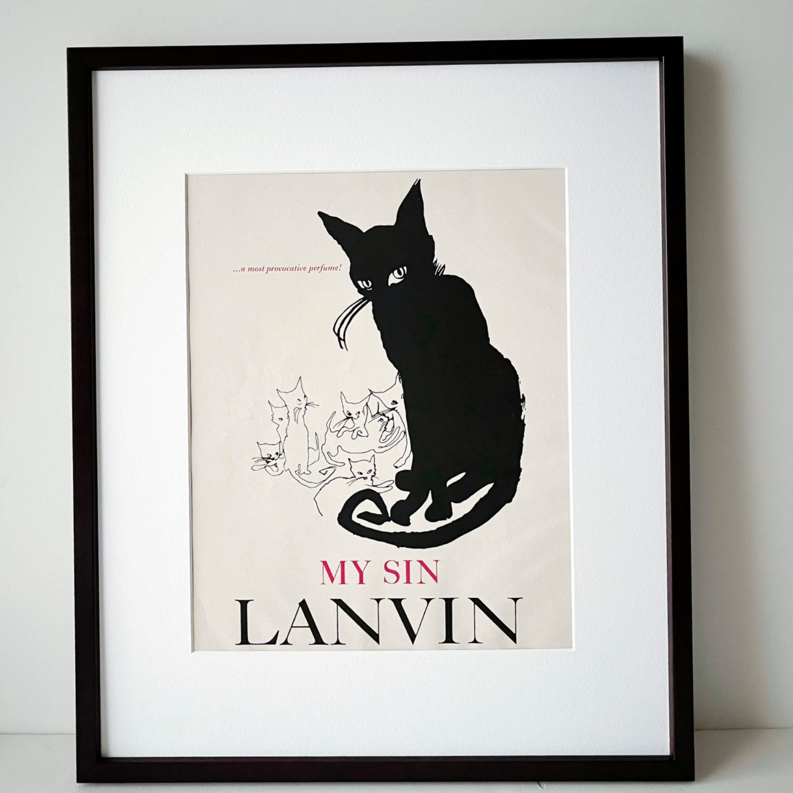 ＜1960 広告＞LANVIN ランバン 黒猫 ポスター ヴィンテージ ビンテージ アートポスター 額縁 フレーム付き インテリア モダン おしゃれ  かわいい 壁掛け フランス ポップ レトロ 猫グッズ モノクロ モノトーン イラスト デザイン