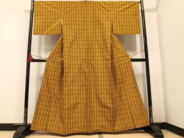 平和屋着物○本場黄八丈 平織 紬 格子 正絹 逸品 未使用