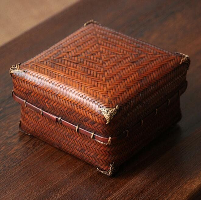 明治期 古竹編 瓢箪形花籠 古木置台 網代細工花籠 花器 花入 花生 華