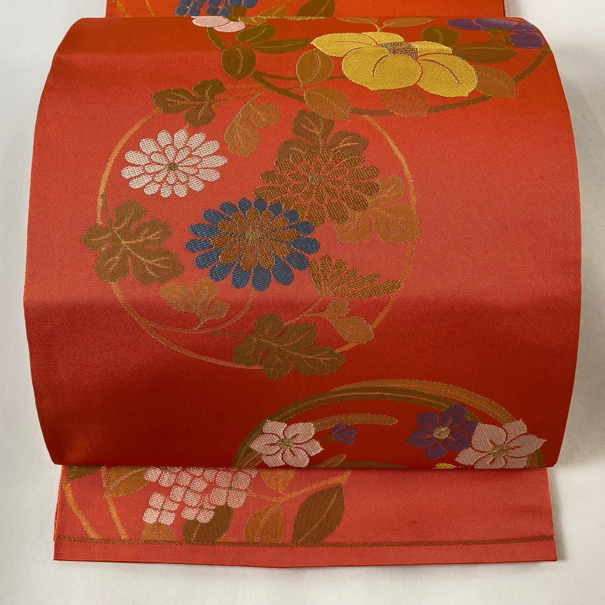 オレンジ系 花柄 袋帯 高級振袖帯レンタル】obi-24-508 西陣織・オレンジ色ベースの桜