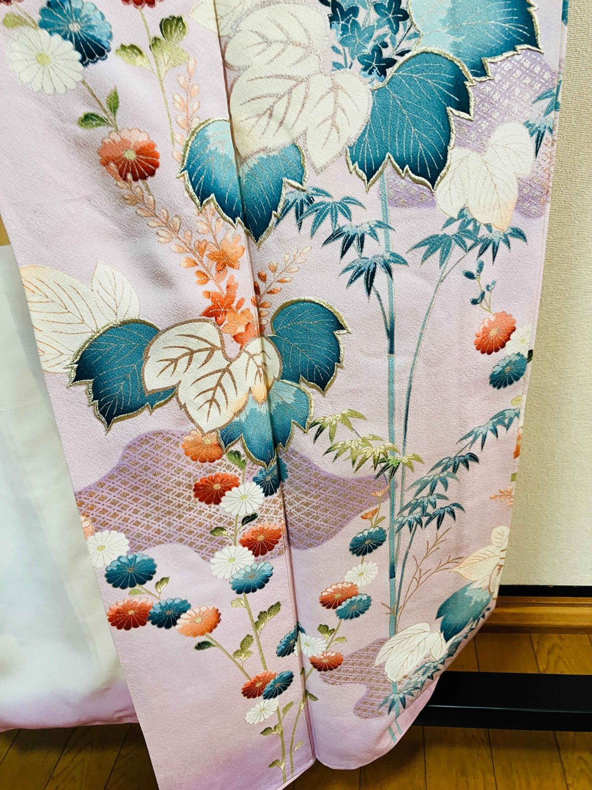付下げ 身丈157cm 裄丈66.5cm M 袷 松 桜 金糸 金彩 黒 正絹 秀品