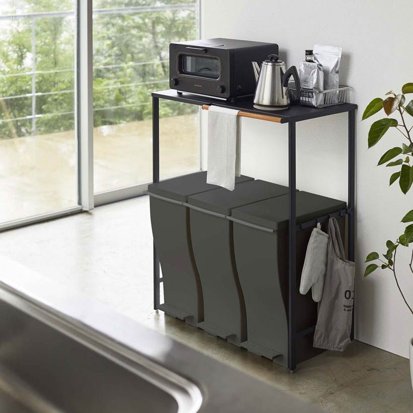 送料無料】フラップ式ダストボックス 3分別 ゴミ箱 45L 木目調