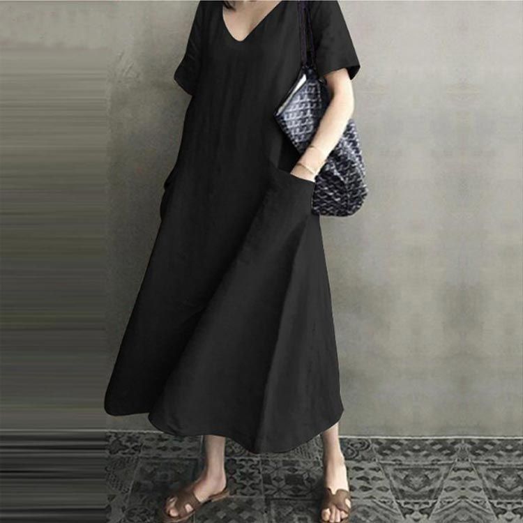 3色 コットン リネン ロング ワンピース Vネック 半袖 ルーズ 夏 wilkshopping_kk0520-mfz4