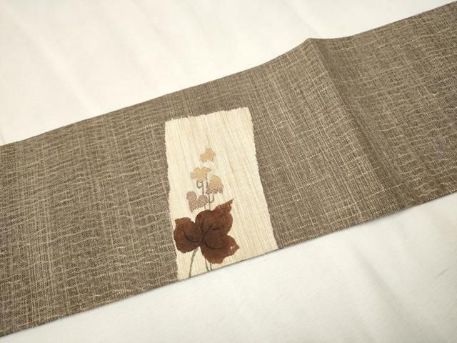 平和屋着物○九寸名古屋帯 紬地 柿渋染め 蔦の葉文 金糸 正絹 逸品  