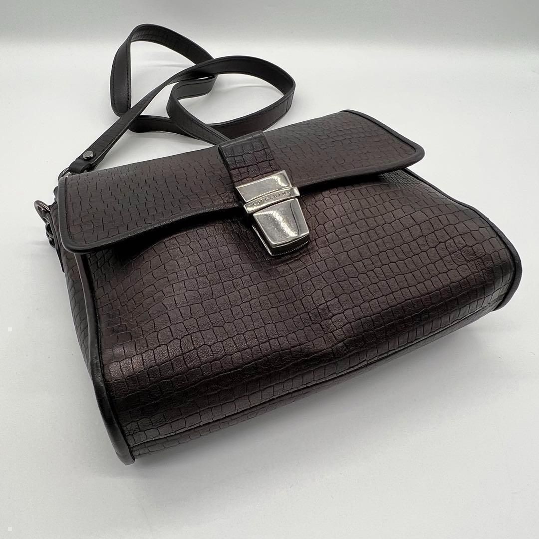 ☆美品☆ LONGCHAMP ロンシャン ショルダー ダークグレー クロコ型押し 美品】LONGCHAMP クロコ型押し ショルダーバッグ ブラック