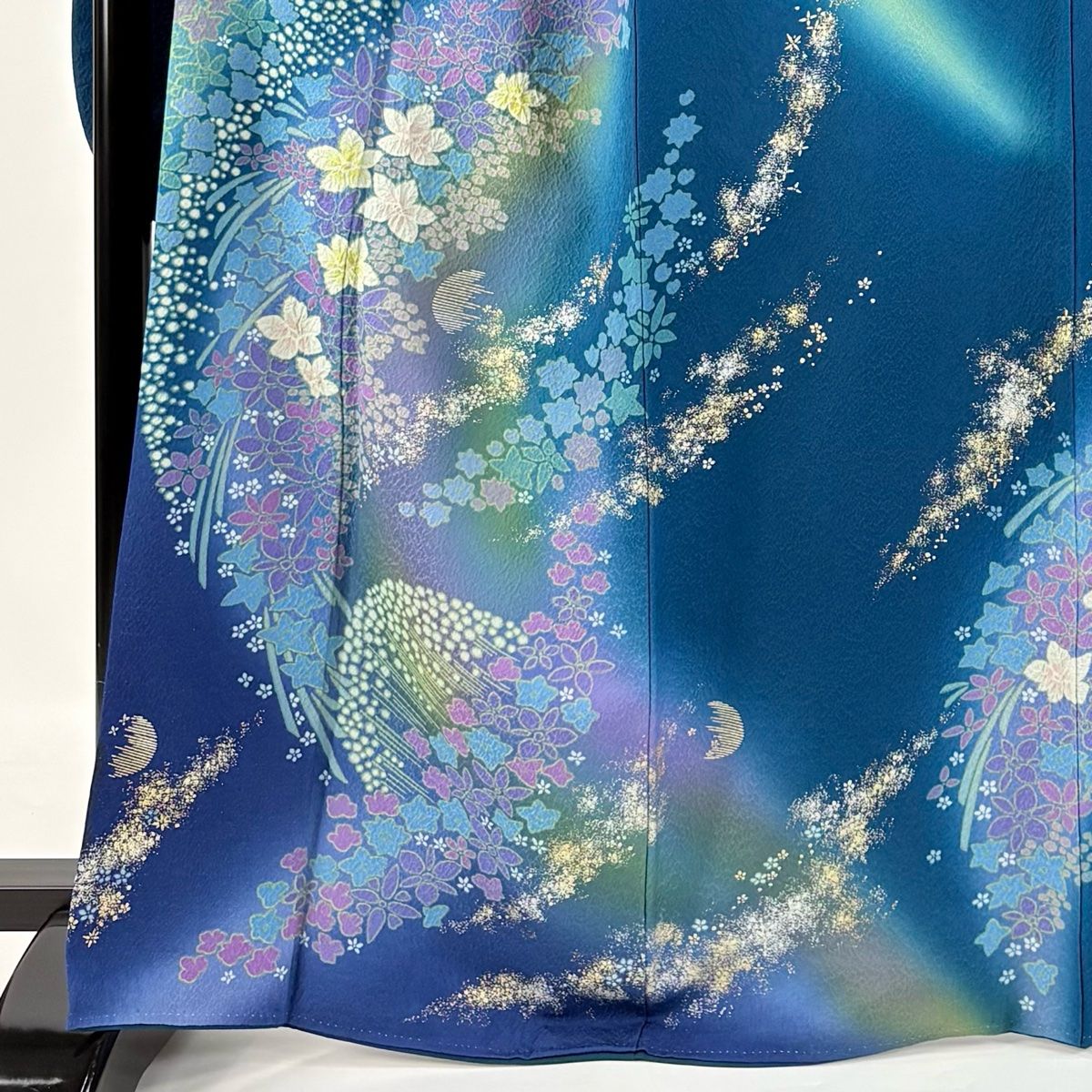 振袖 身丈167cm 裄丈68cm L 袷 草花 月 金銀彩 銀通し 青緑 正絹