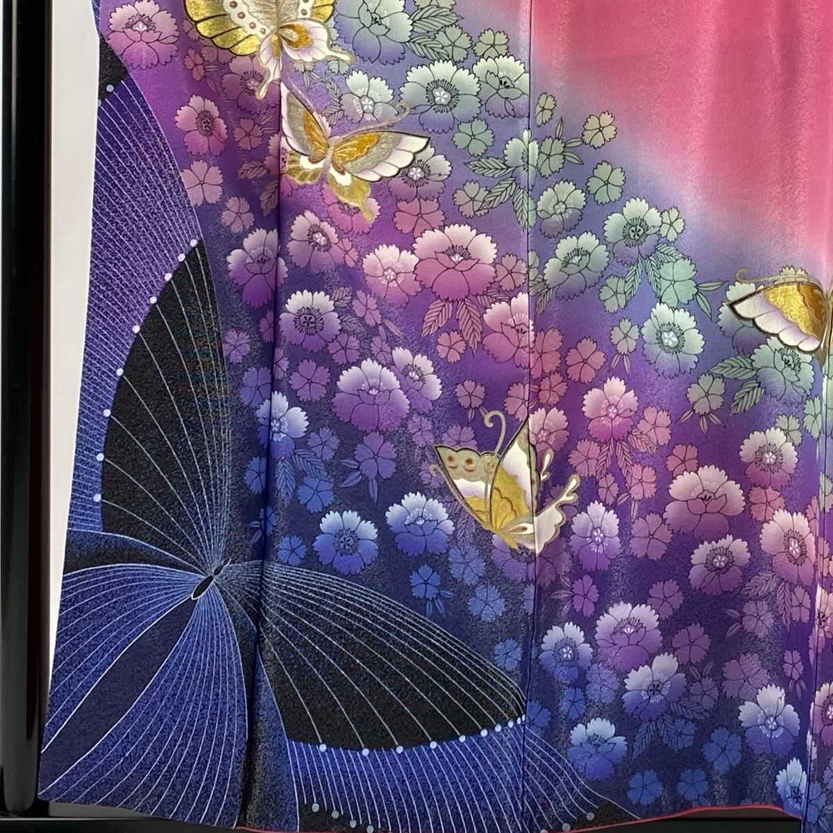 振袖 身丈158cm 裄丈62cm S 袷 蝶 草花 金銀彩 銀通し ピンク 正絹 