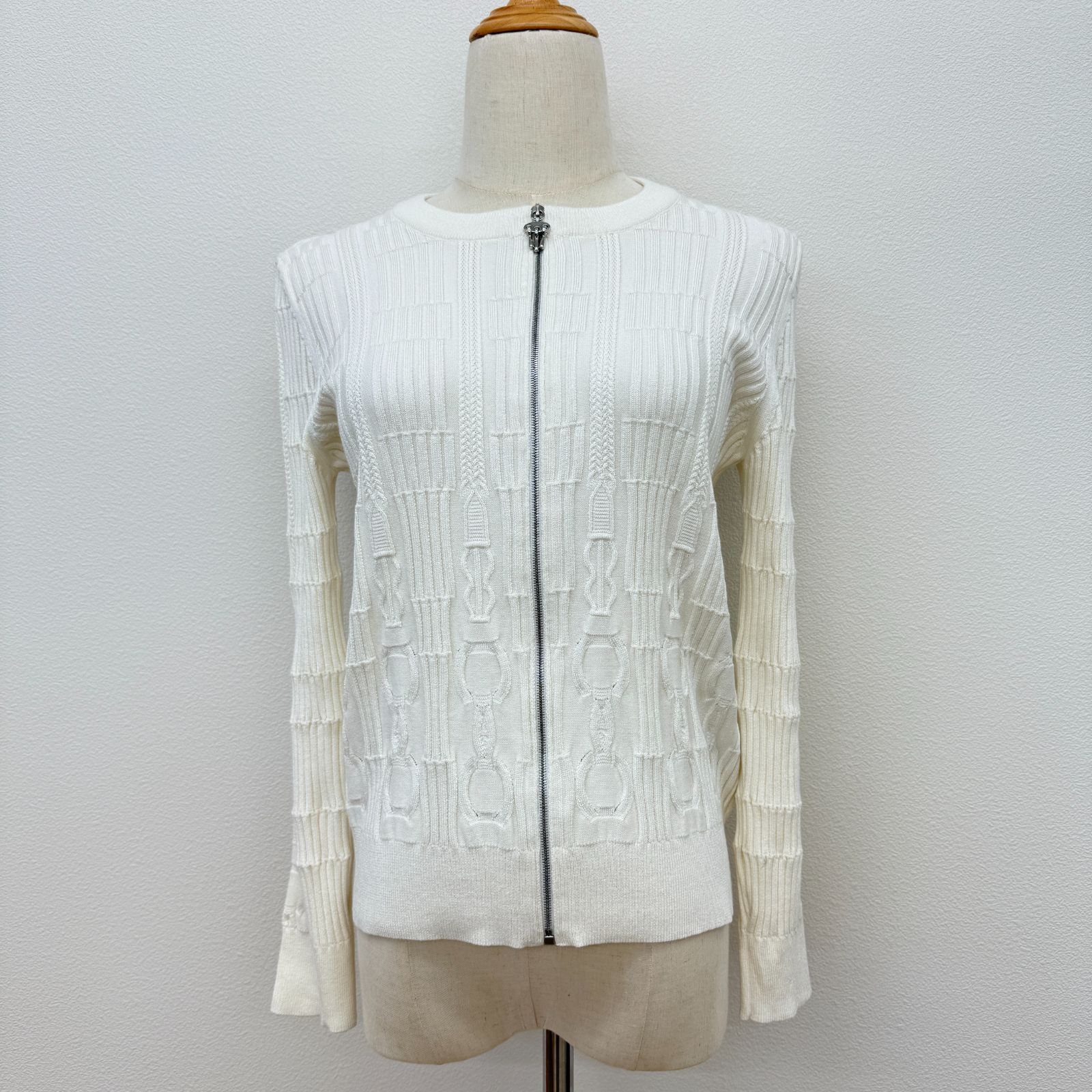 鑑定済み エルメス カーディガン 36 Sサイズ程度 ホワイト シルバー金具 コットン シルク 長袖 ニット