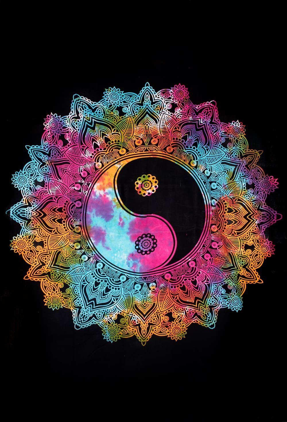 マルチクロス　太極図　タイダイホーリーカラー〔193cm×132cm〕 / マルチクロス シングル ベッドカバー インド