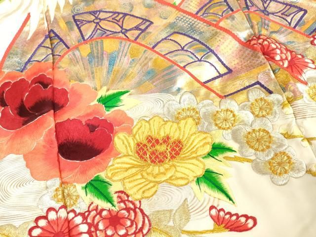 406z18〇引き振袖 掛下 セミアンティーク 刺繍 地紋〇結婚式 舞台衣装 正統派古典/ひいな 黒 牡丹に鼓檜扇紋様 大人っぽい かっこいい
