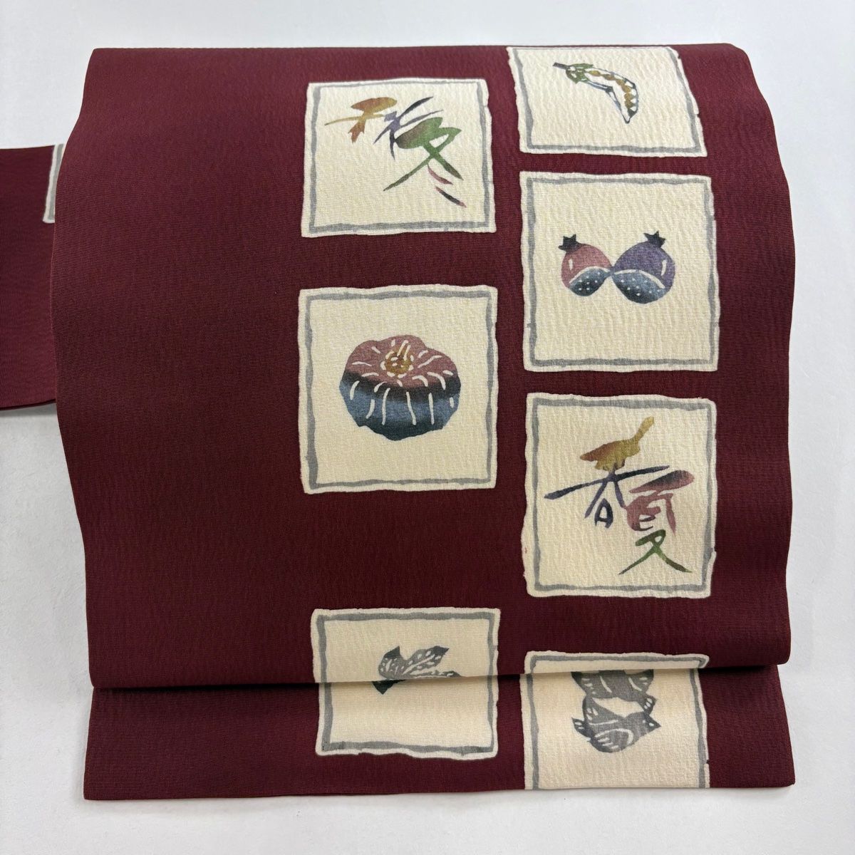 名古屋帯 秀品 生り物 春夏秋冬 えんじ色 正絹