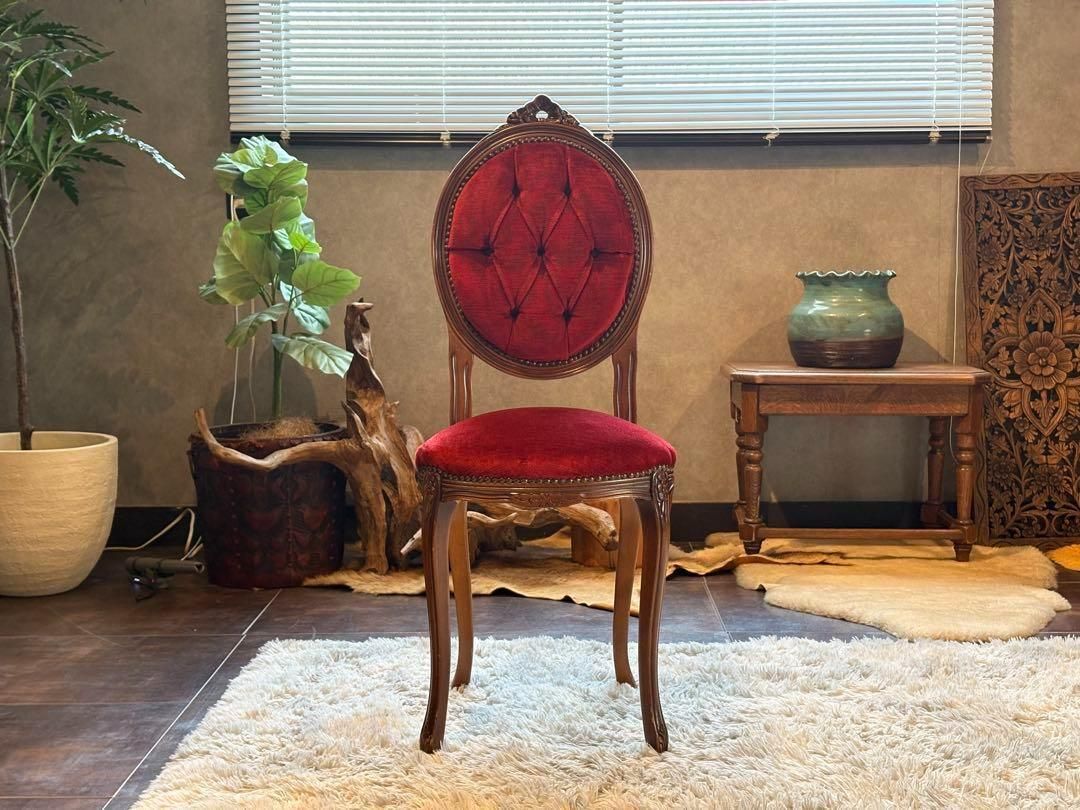 猫脚 クラシック アンティークチェア 木彫り レッドボタンダウン SZ