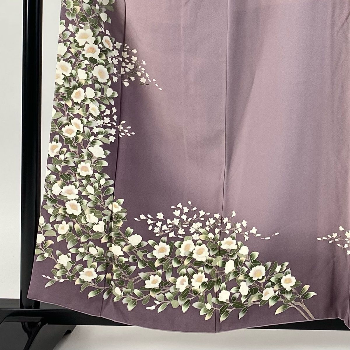 訪問着 身丈158.5cm 裄丈64cm M 袷 落款 枝花 ぼかし 薄紫 正絹 秀品 一つ紋