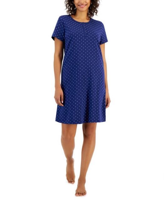 送料無料 チャータークラブ レディース ナイトウェア アンダーウェア Women s Cotton Printed Henley Sleepshirt XS-3X Polka Dots